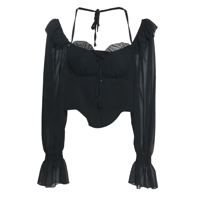 Uveng Spice Girls Shoulder-Mounted Neck With Long-Sleeved Chindal Wooden Ear-Deared Shirt Short With Chest Cushion Top 8873