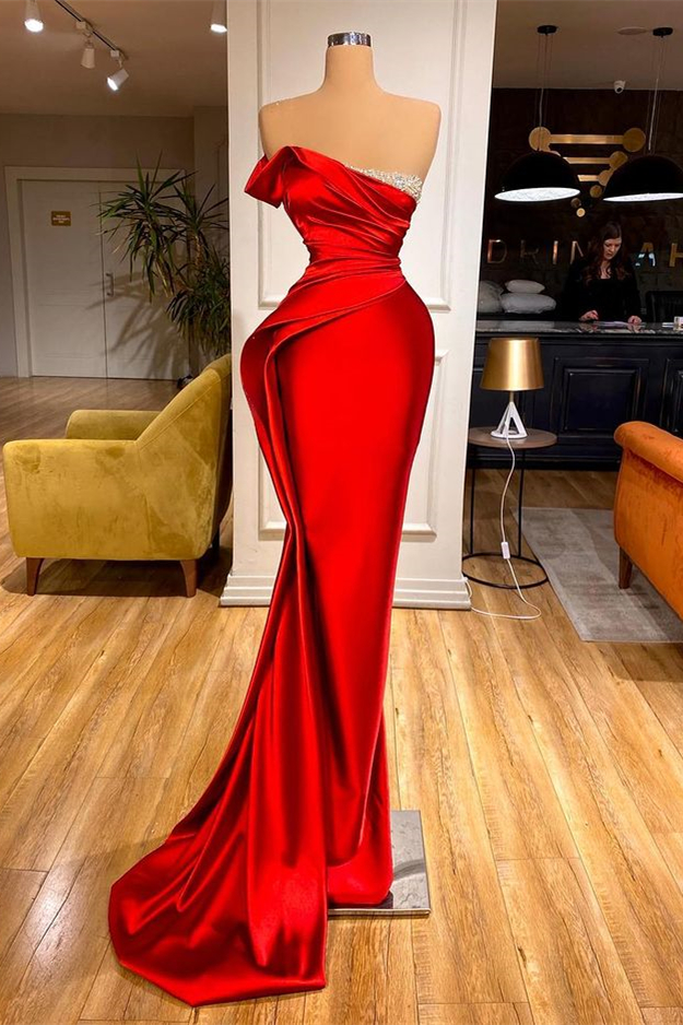Oknass Long Red Strapless Prom Dress Mermaid With Beadings