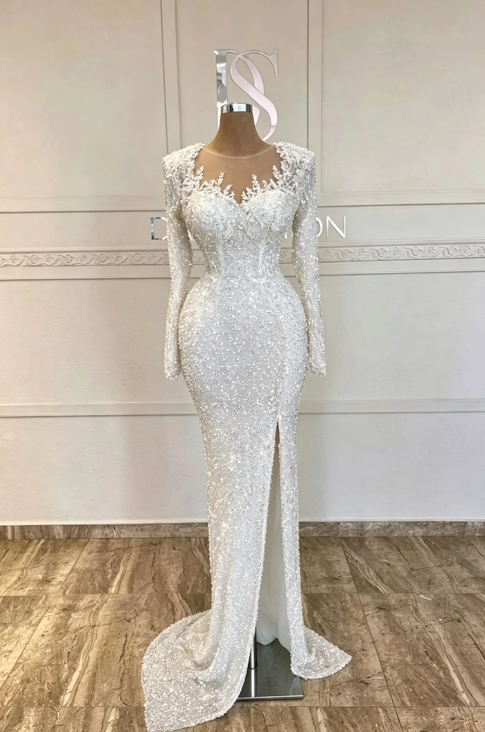 Daisda Green Sequins Long Sleeve Mermaid Split Prom Gown Dress 