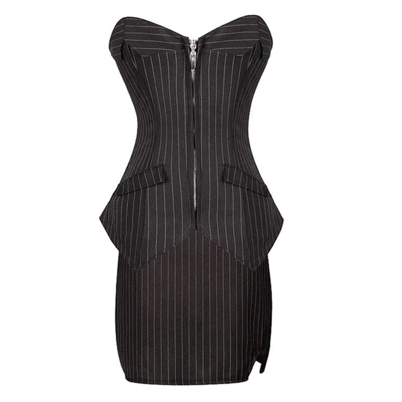 Sapubonva Bustier Corset Skirt Dress Sexy Black Pinstripe Corselet Overbust Office Lady Lace Up Costume Plus Sizs zip Corsets