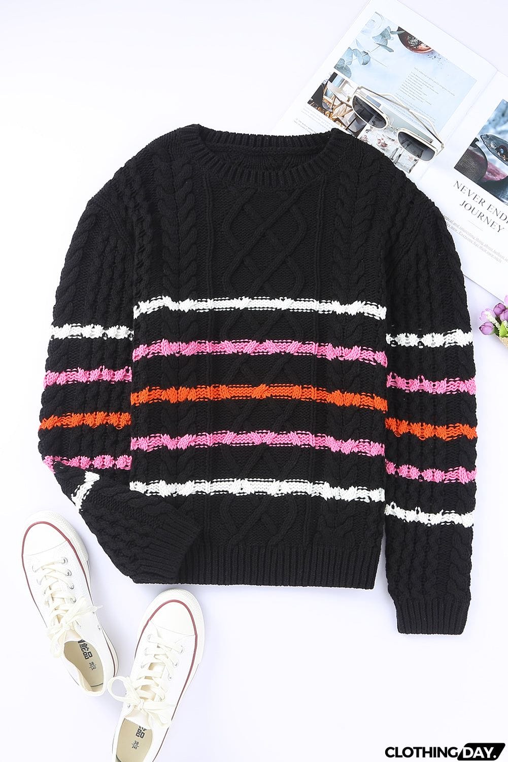Striped Color Block Textured Knit Pullover Sweater