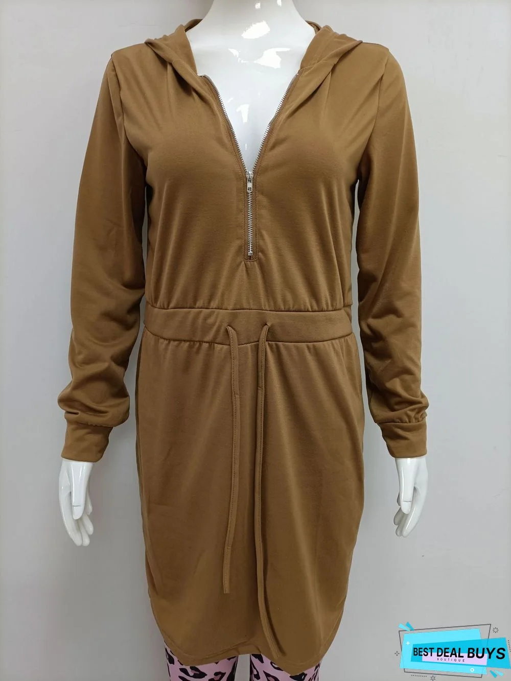 New Women's Solid Color Zipper Long Sleeve Hooded Waist Dress