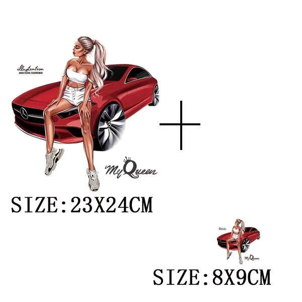 Pretty Girl&Car Iron On Transfer For T-shirt DIY Washable Thermal Sticker Fashion Design Patches On Clothes Appliqued Decoration