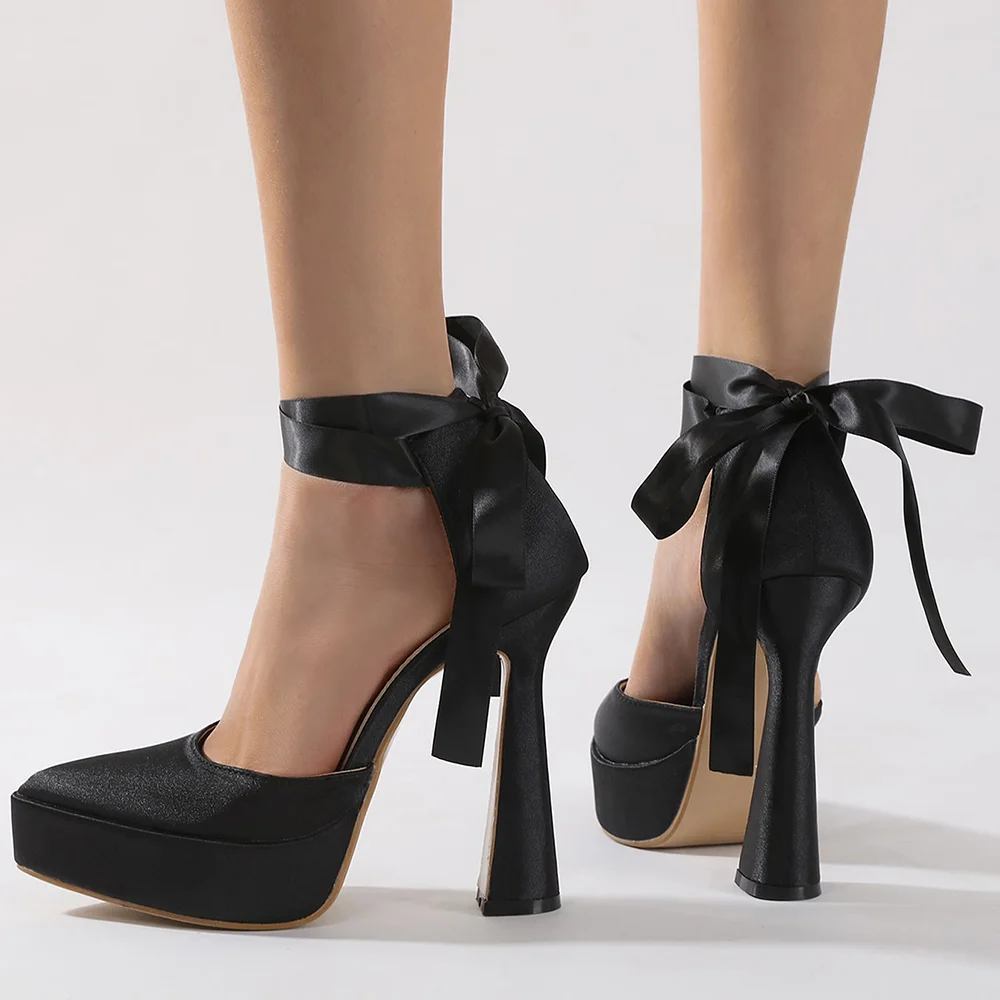 Black Satin Closed Toe Flared Heel Ankle Strap Pumps with Bow  Nicepairs
