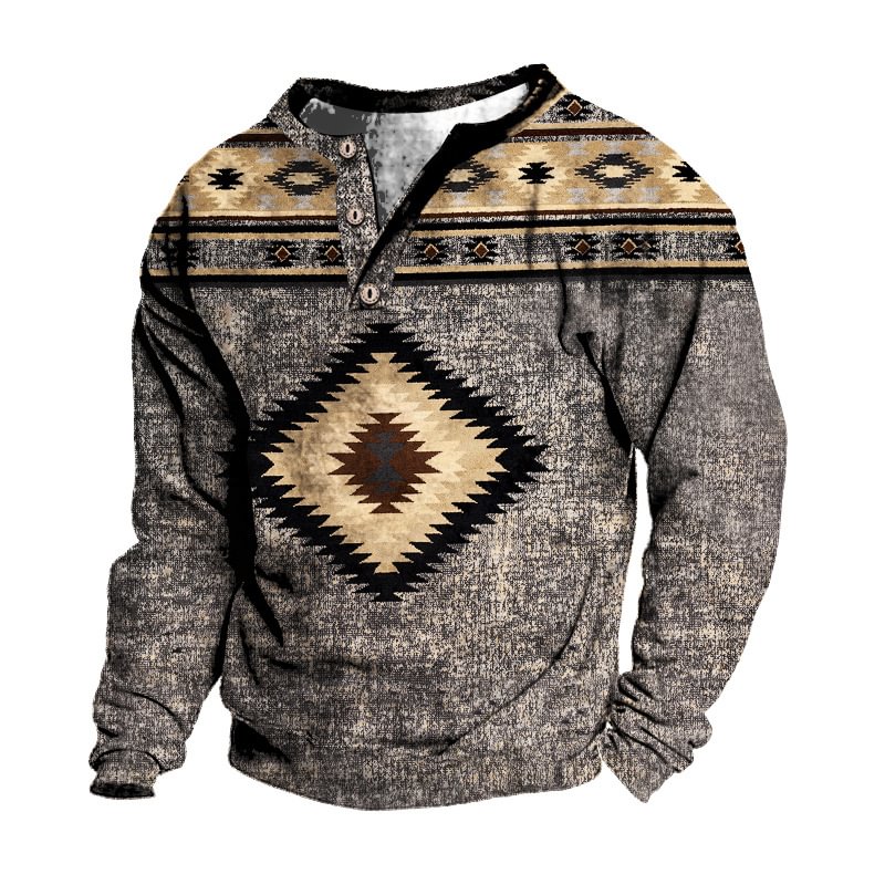 Men's Retro Printed Long Sleeve Henley T-shirt