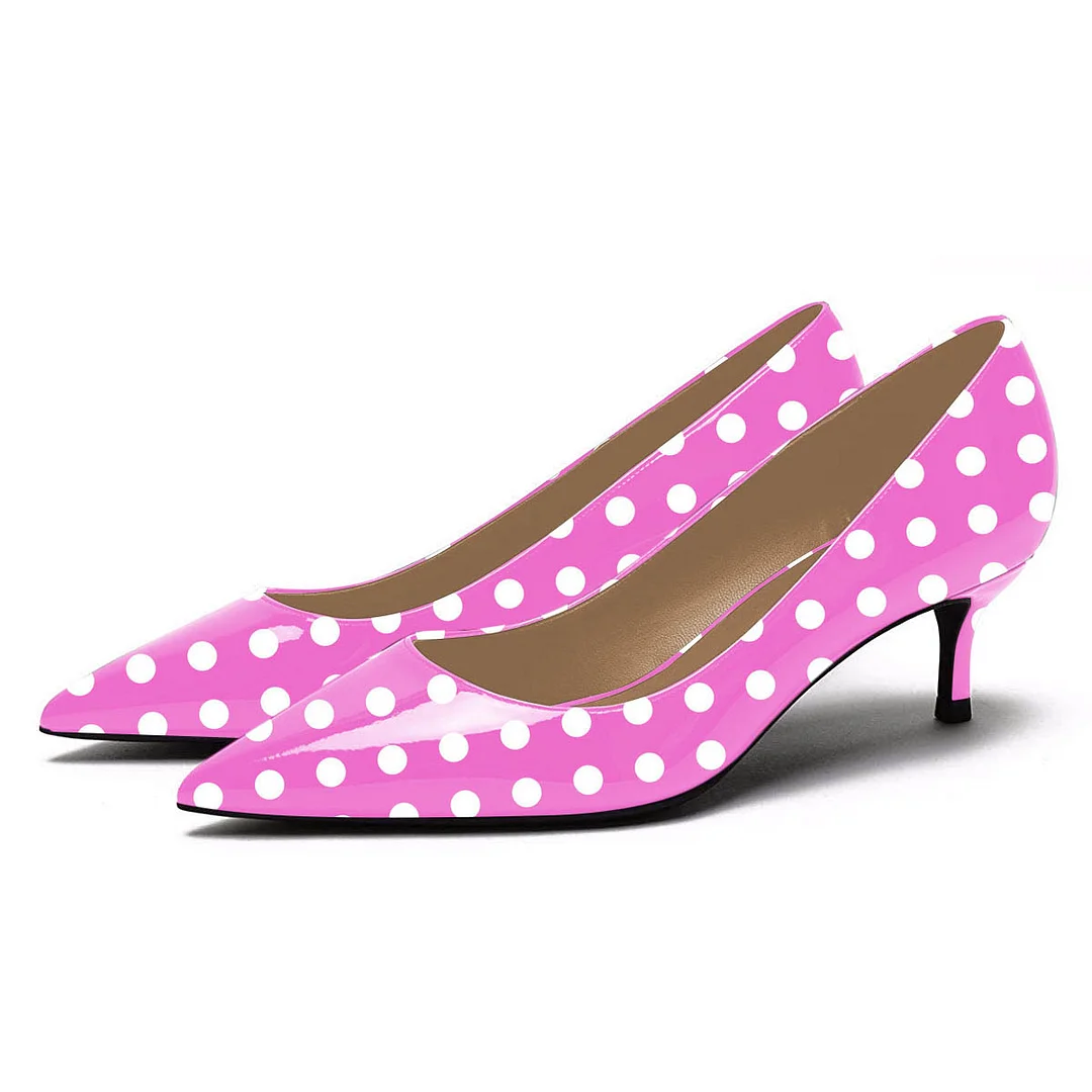 Polka Dot Patent Leather Pointed Toe Low Pumps Heels in Fuchsia