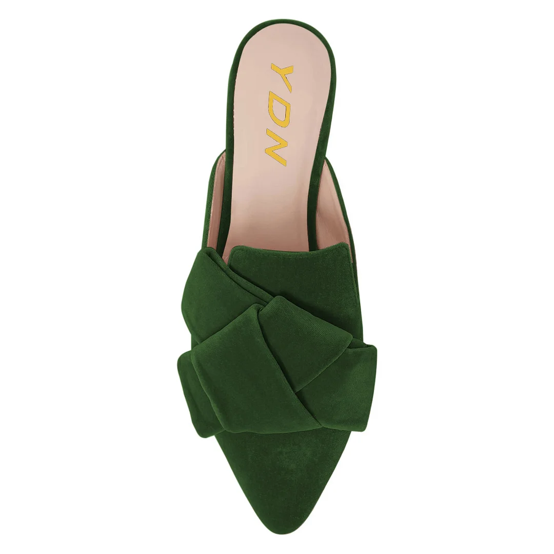 Green Velvet Knot Accent Simple Mules Shoes with Pointed Toe