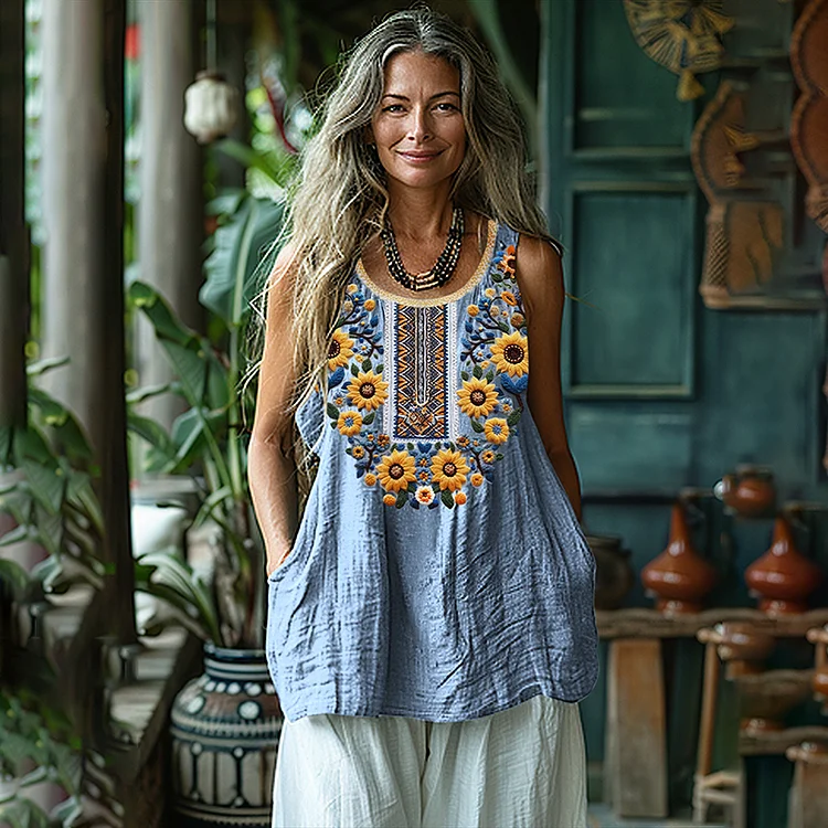 Utbros Women's Ukraine Sunflower Embroidery Art Linen Sleeveless Tank Top
