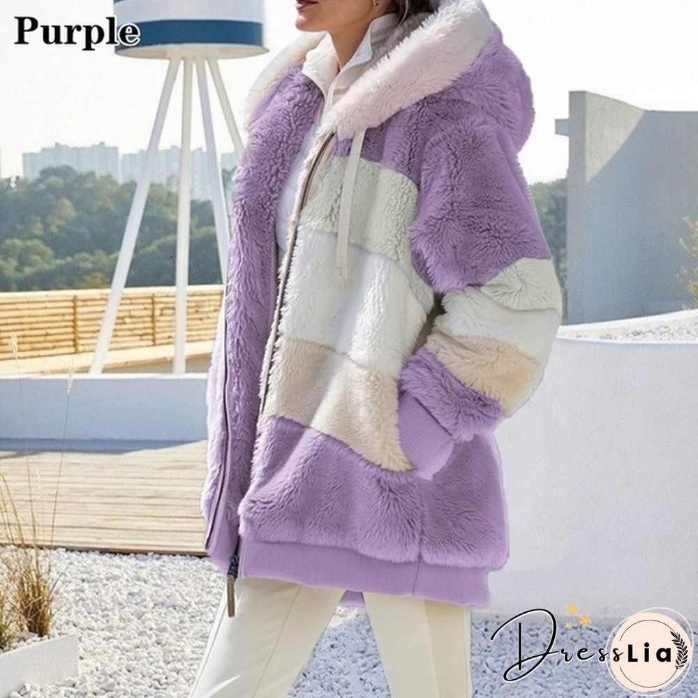 New Winter Womens Jacket Hooded Warm Plush Loose for Women Patchwork Outerwear Faux Fur