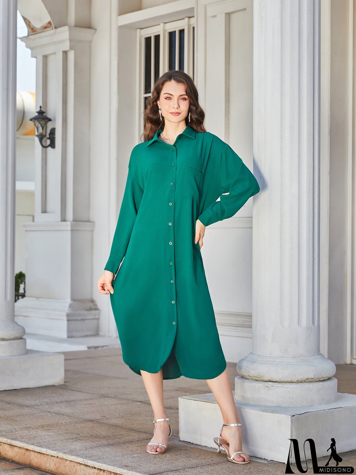 MidiSono - Collared Neck Long Sleeve Midi Shirt Dress