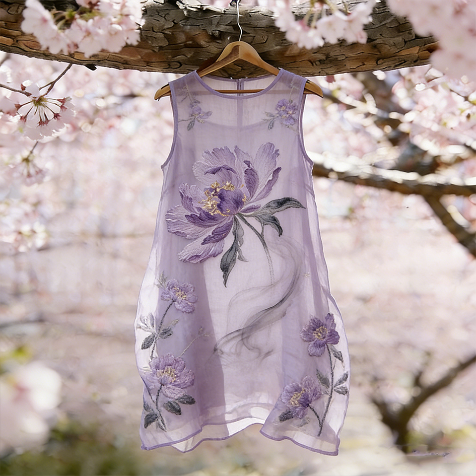 Women's Plant Flower Embroidery Pattern Casual Linen Sleeveless Dress elevenforest