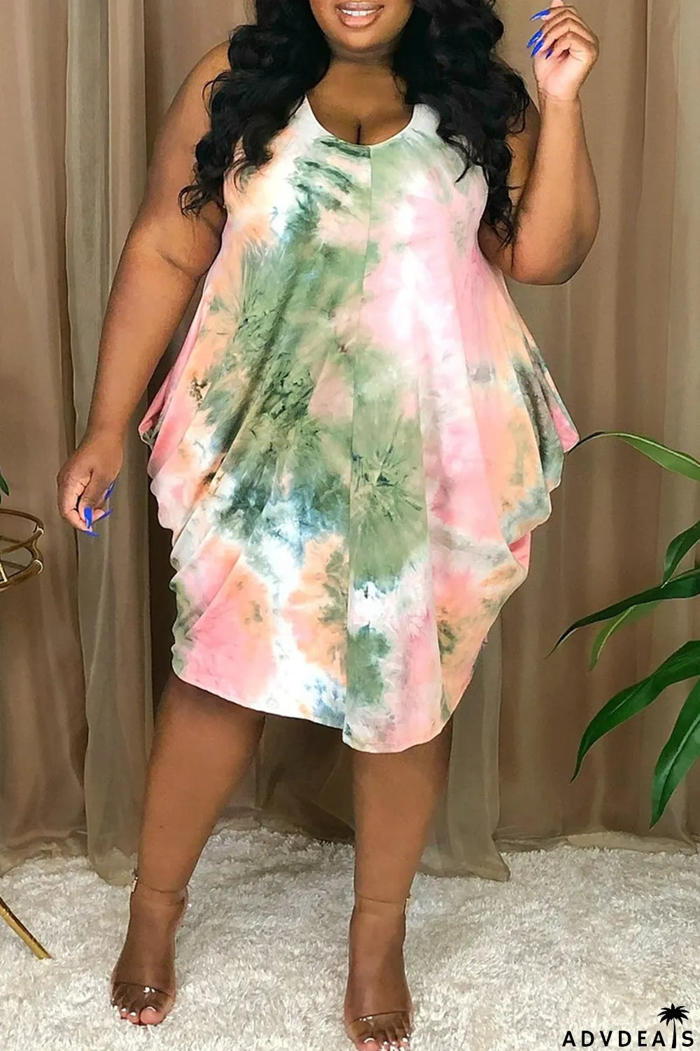 Pink Fashion Sexy Plus Size Print Tie Dye Asymmetrical O Neck Vest Dress