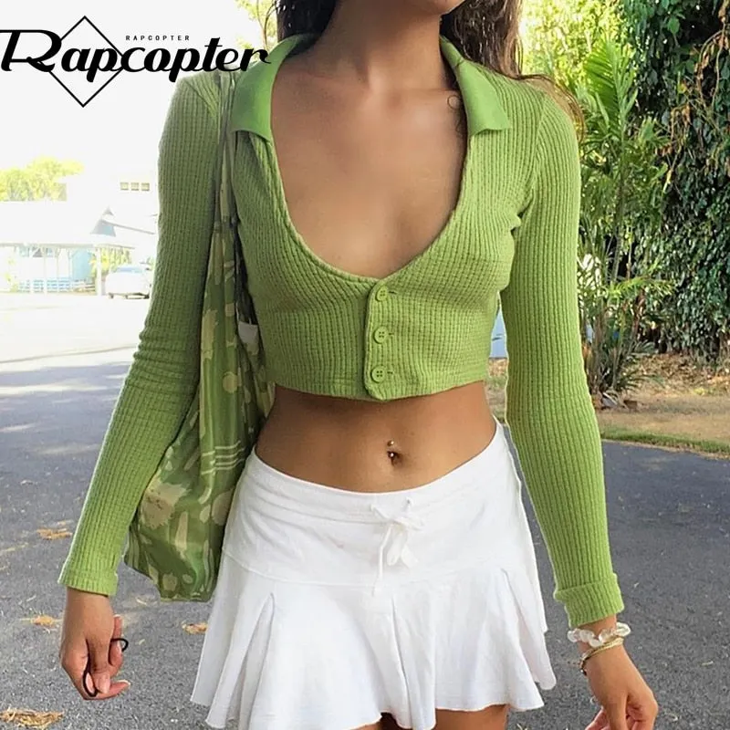 Rapcopter Green y2k Crop Top Knitted Long Sleeve T Shirt V Neck Vintage Harajuku Tee Women Autumn Basic Casual Tshirt Streetwear