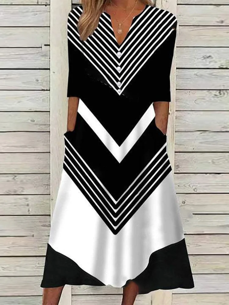 Sailor Stripe Black White Side Pocket Midi Dress