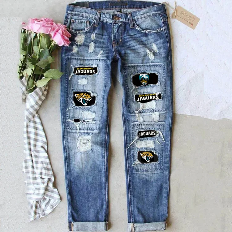 casual fashion perforated printed jeans