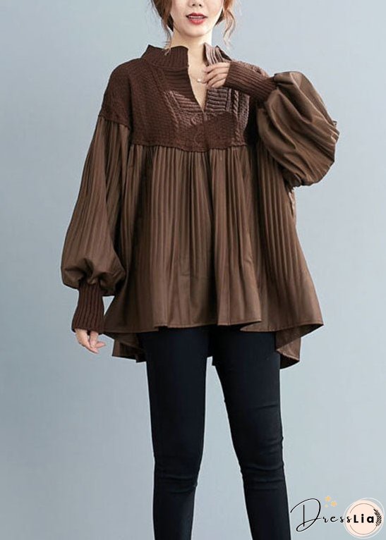 Simple Coffee V Neck Knit Patchwork Top Spring