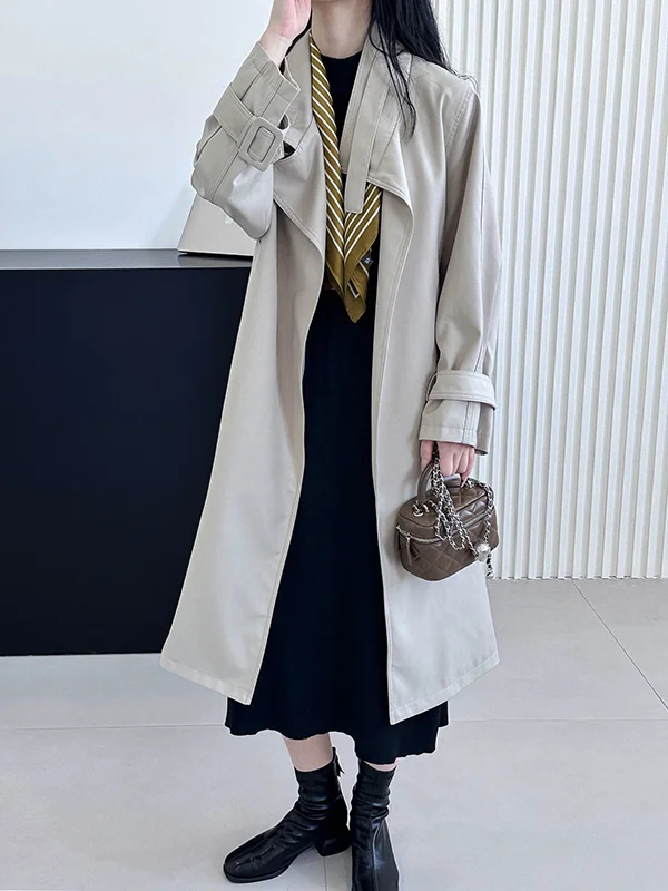 Buckle Pockets Solid Color Split-Back Tied Waist Long Sleeves Loose Lapel Trench Coats
