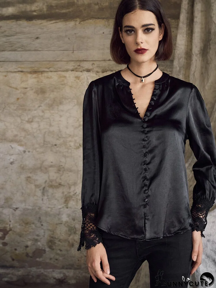 Lace Panel Long Sleeve Solid V-neck Button Blouse