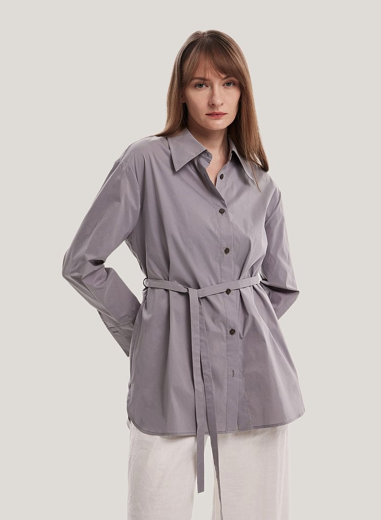 Button-Front Waist-Tie Cotton Shirt