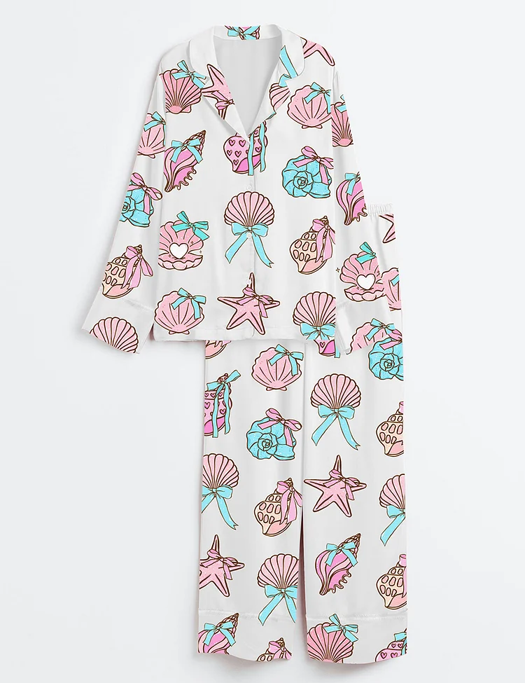 Women&rsquo;s Retro Coquette Seashell Coastal Summer Sea Shell With Bow Preppy Fisherman Aesthetic Print Long Sleeve Satin Pajama Set