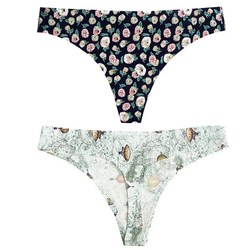 CINOON 2pcs Sexy Flowers Lingerie Woman Knickers Low-waist Panties Thong Seamless Breathable Underwear Female G String Intimates