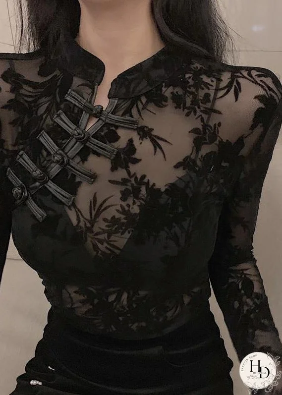 Retro Black Stand Collar Embroidered Floral Lace Tulle Button Tops Fall