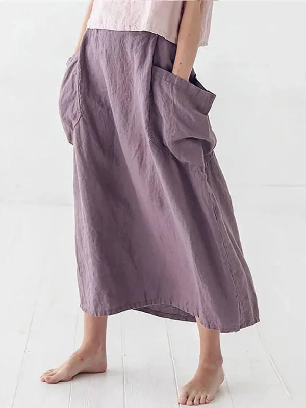 Solid Color Cotton and Linen Large Pocket Skirt hjn Shicloths