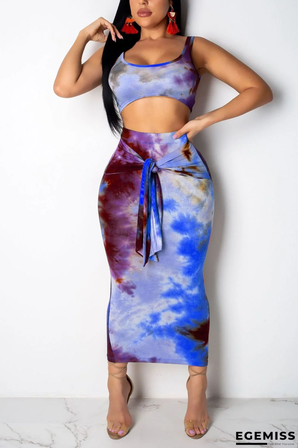 Blue Sexy Fashion Patchwork HOLLOWED OUT Print Regular Two-Piece Dress | EGEMISS