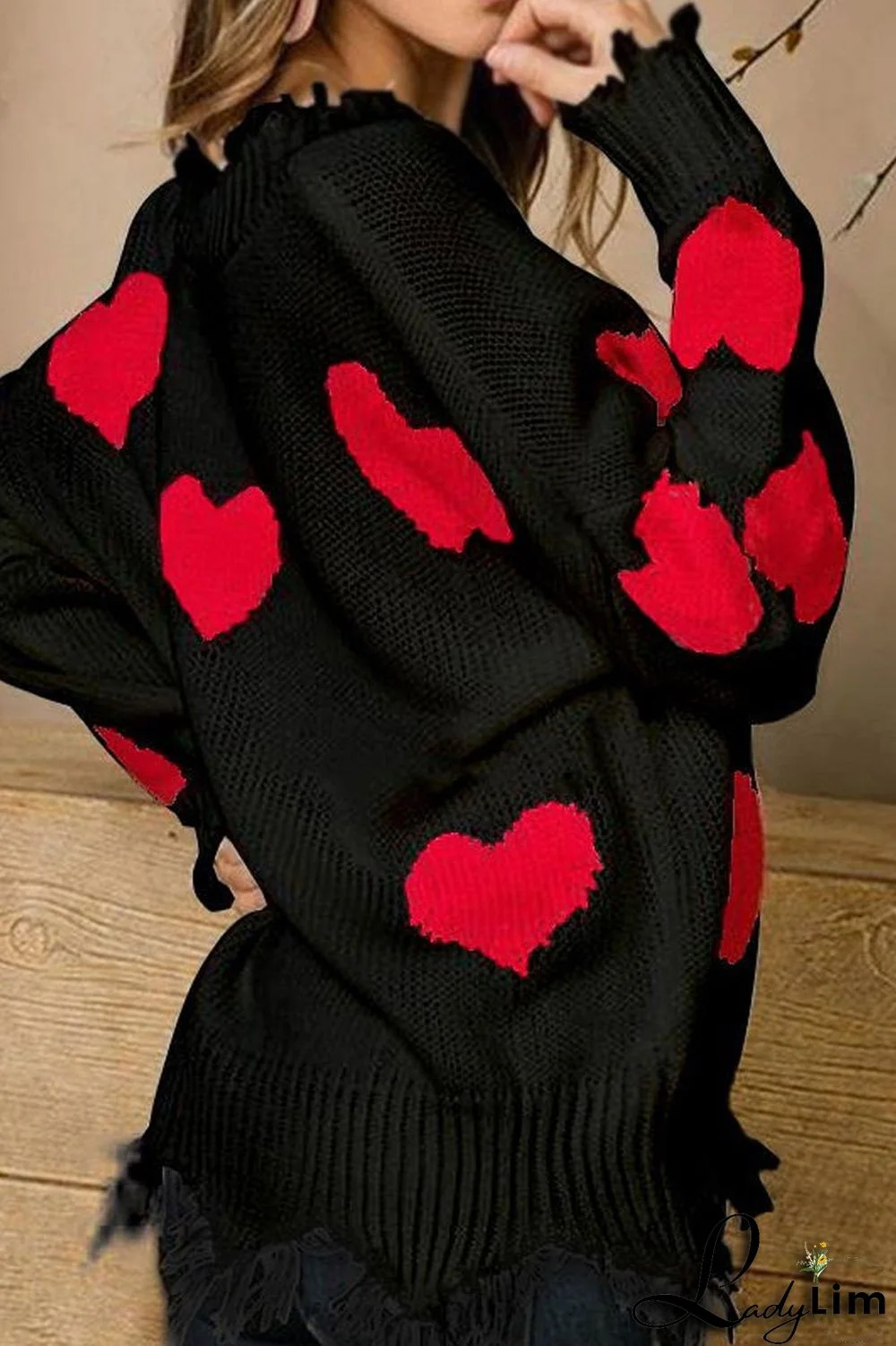 V-Neck Distressed Hearts Casual Sweater