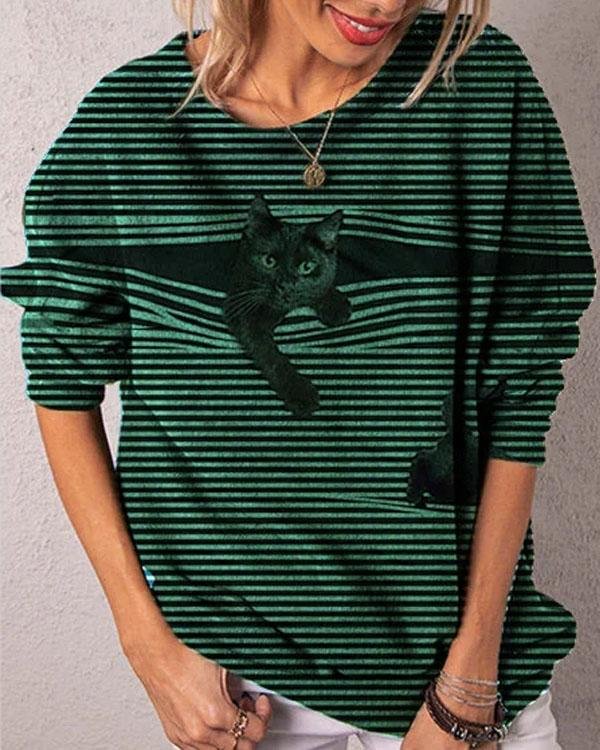 Casual Stripe Black Cat Long Sleeve Pullover T-shirts