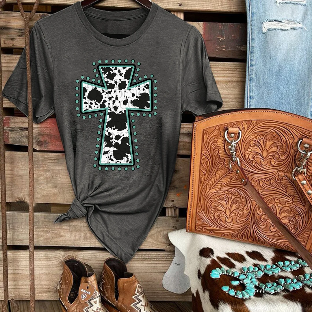 White Leopard Faithful Cross Printed Women's T-shirt