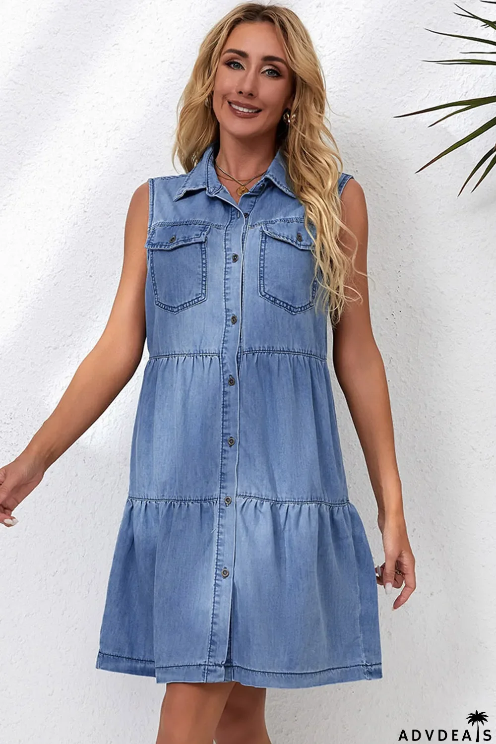 Sky Blue Flap Pockets Button up Sleeveless Denim Dress