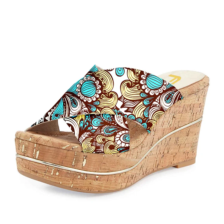FSJ Blue Floral Print Cork Wedge Sandals Open Toe Platform Mules |FSJ Shoes