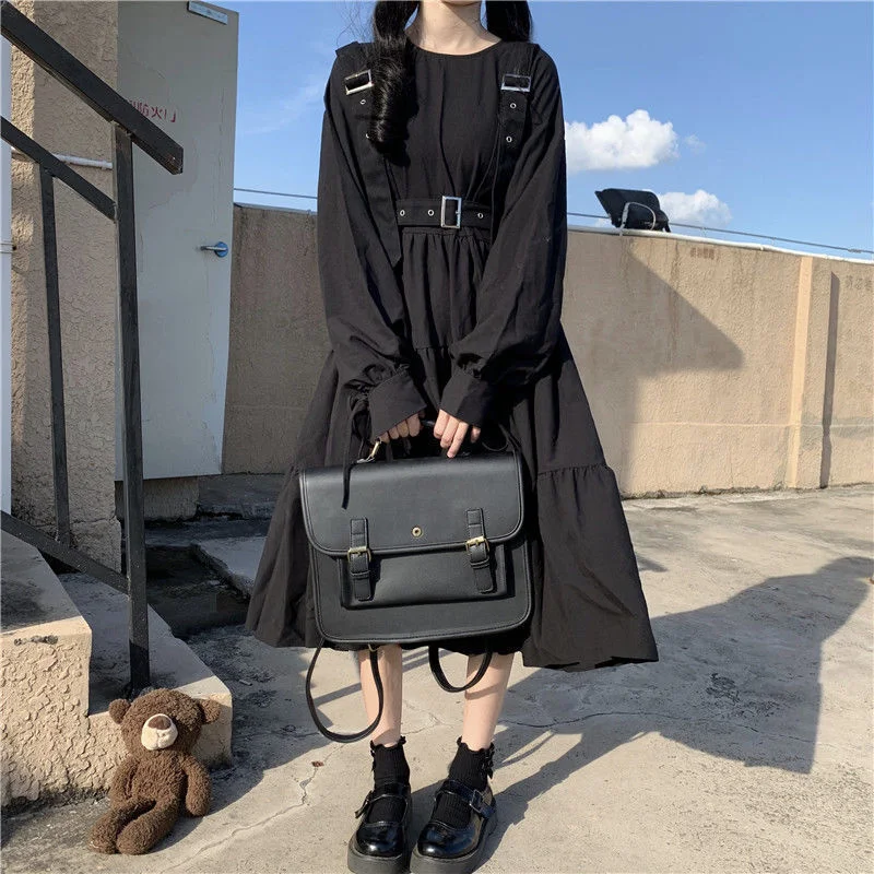Uveng Uveng Winter Long Sleeve High Waist Black Female Students Sweet And Lovely Waist Fold A Line Dress