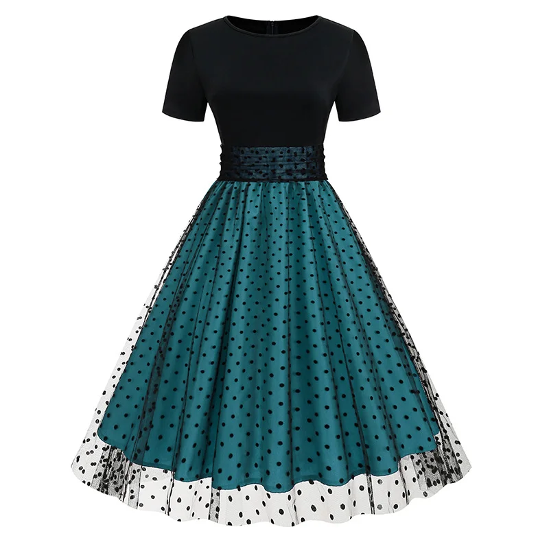 Round neck short sleeved polka dot patchwork vintage Hepburn dress