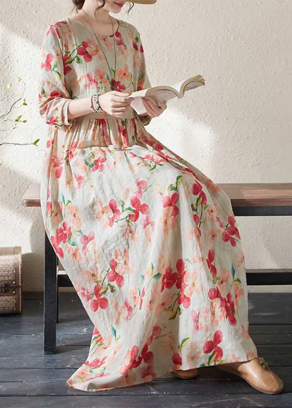 Loose Print Patchwor Wrinkled Maxi Dress Long Sleeve