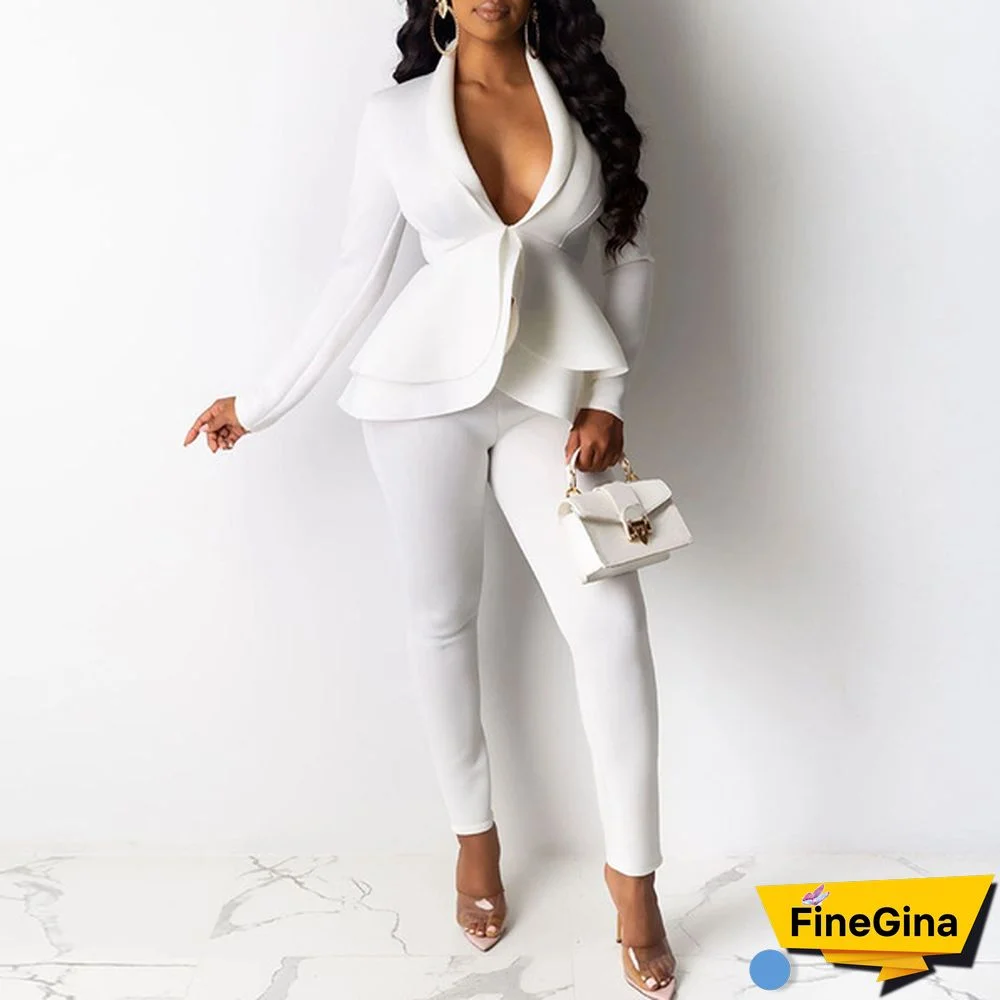 Women's Formal Office Outfits Work Blazer Business Jacket Pants Ruffle Suit Set Solid Color