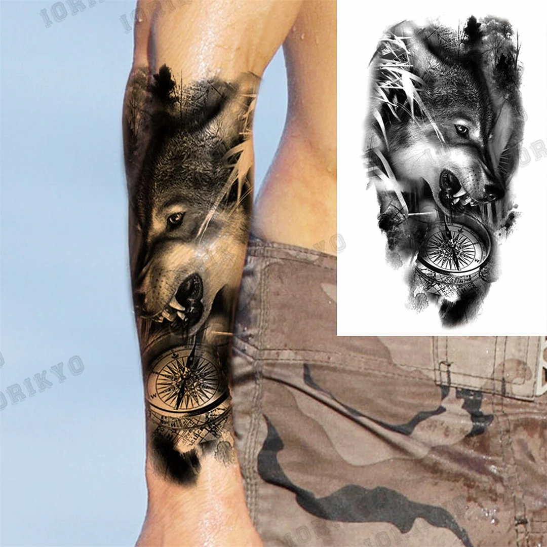 Sdrawing Tiger Skull Wolf Temporary Tattoos For Men Adult Crown Compass Pirate Warrior Fake Tattoo Body Art Decoration Tatoos Paper