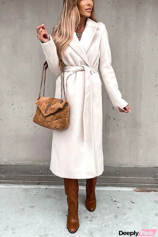 Long-sleeve V-neck tie wool coat