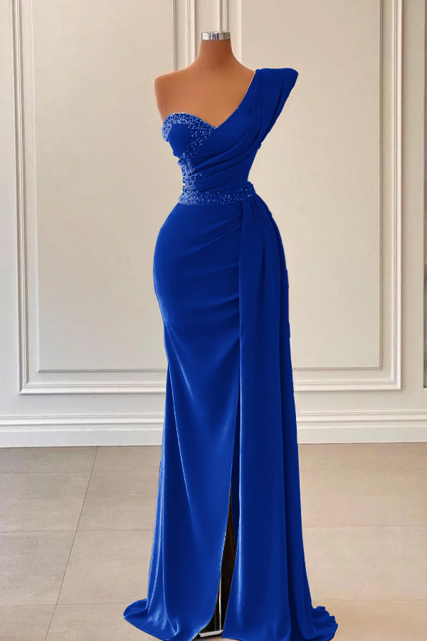 Ovlias Sage One-Shoulder Split Mermaid Prom Dress With Beads PD0781