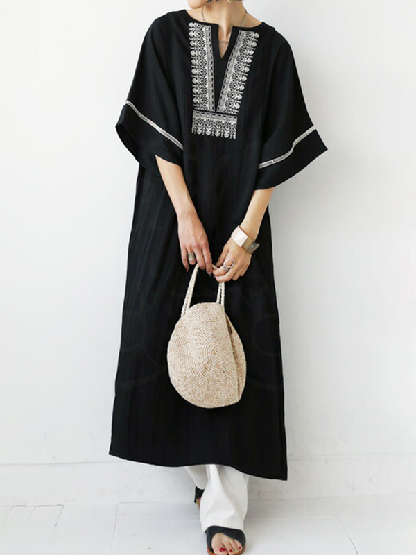 Casual V Neck Embroidered Short Sleeve Maxi Dress