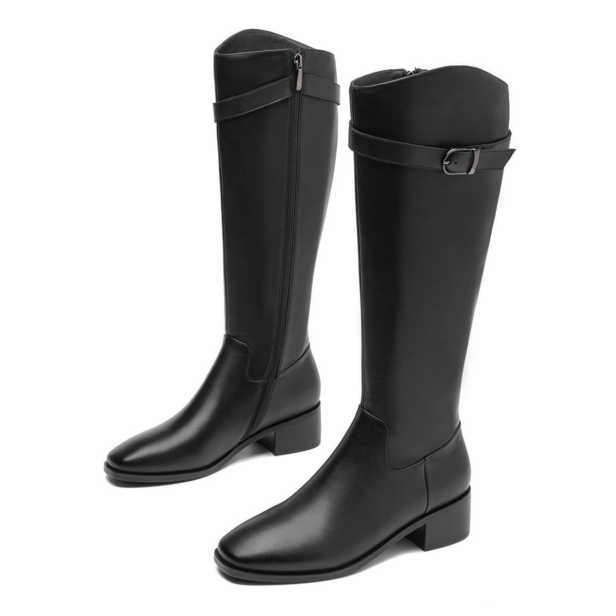 Classic Square Toe Buckle Strap Low Heel Riding Boots in Black Nicepairs