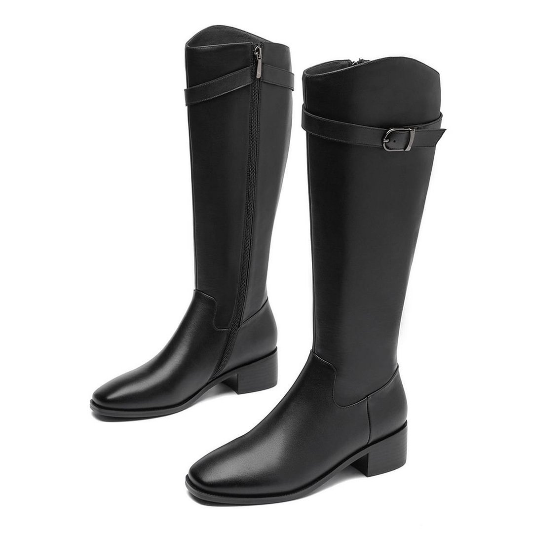 Full Black Leather Square Toe Riding Boots Low Chunky Heel Knee High Boots Nicepairs