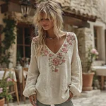 Women's Roses Print V-neck Linen Blend Long Sleeve T-shirt - Image 2