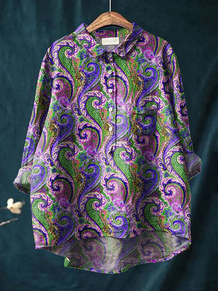 Women's Retro Geometry  Art Print Casual Cotton And Linen Shirt