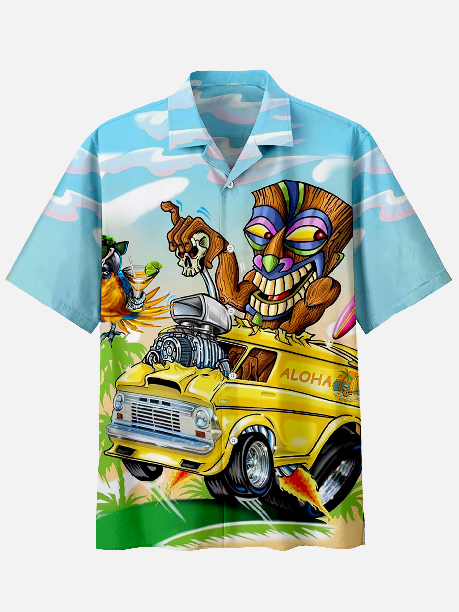 Vintage Totem Vintage Car Art Print Men's Summer Cuban Collar Shirt PLUSCLOTHESMAN