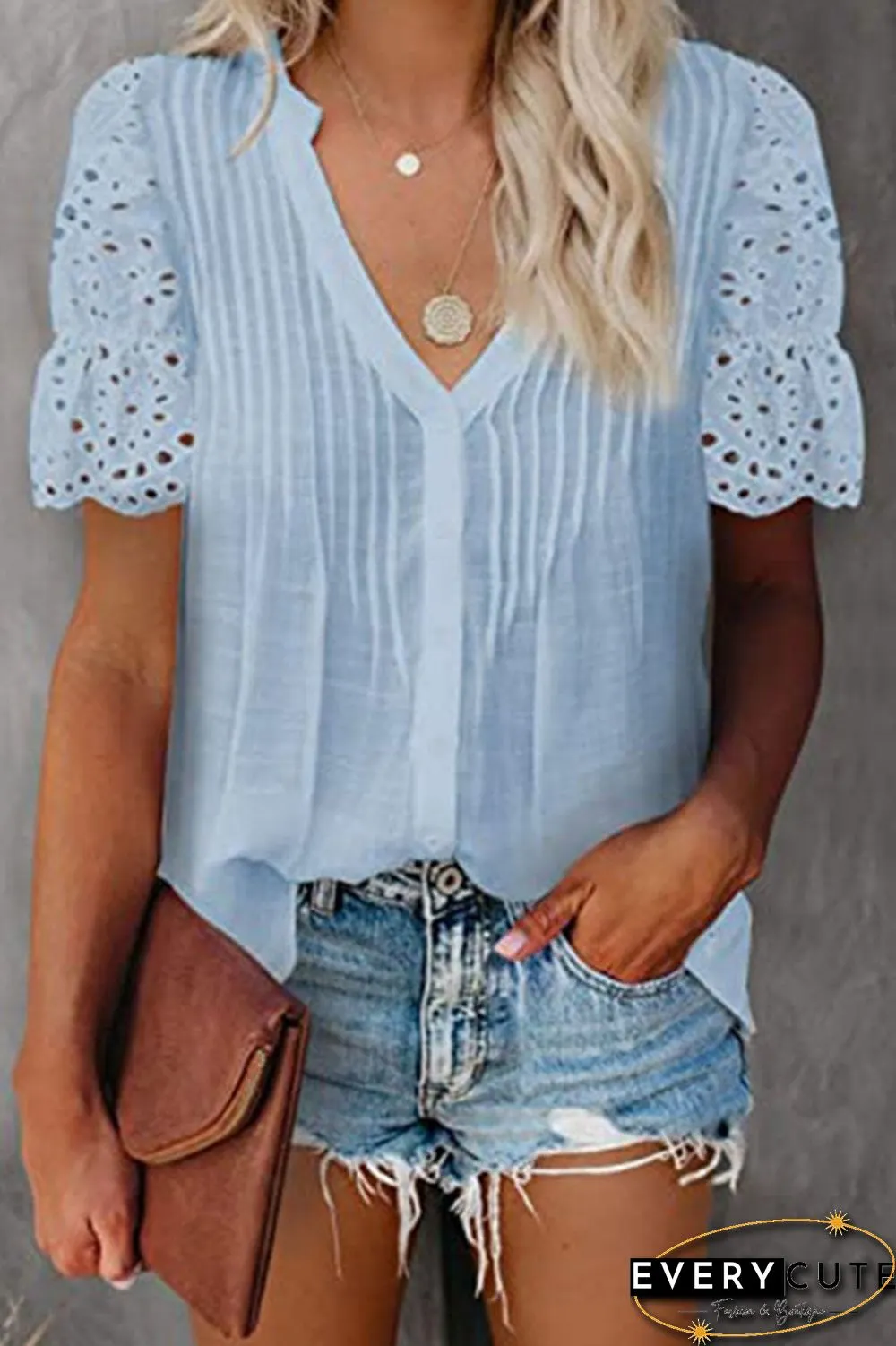Fashion Solid Split Joint V Neck Tops(6 Colors)