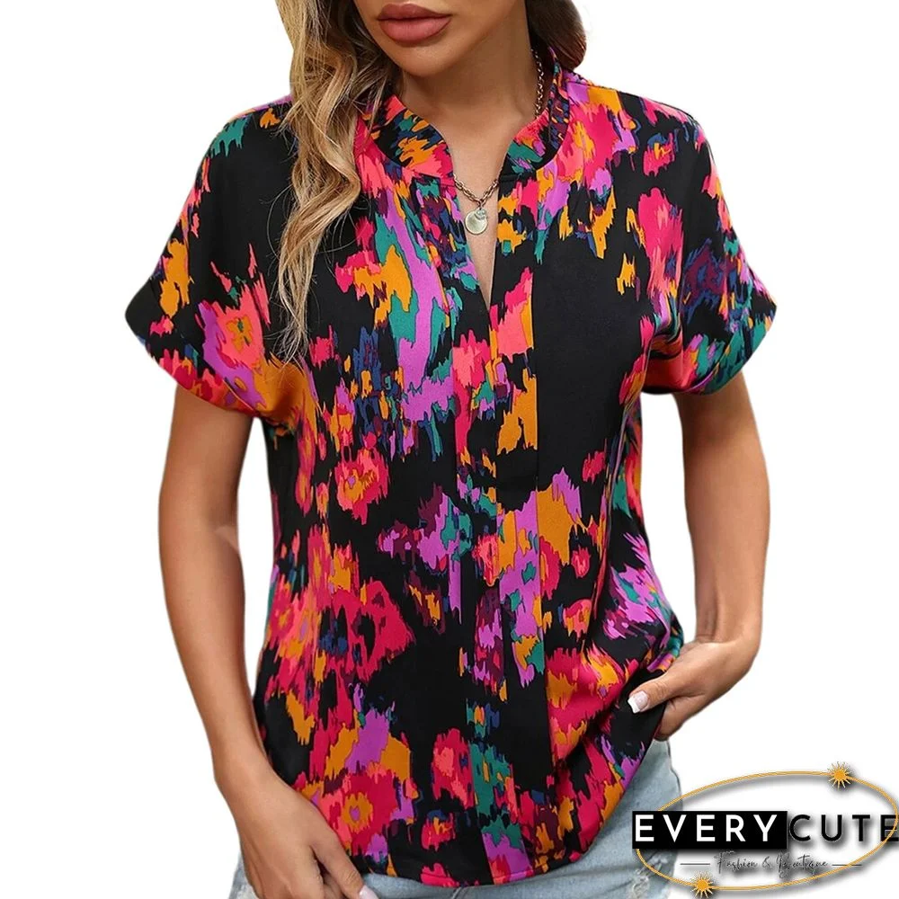 Red Multicolor Floral Printed Short Sleeve Top