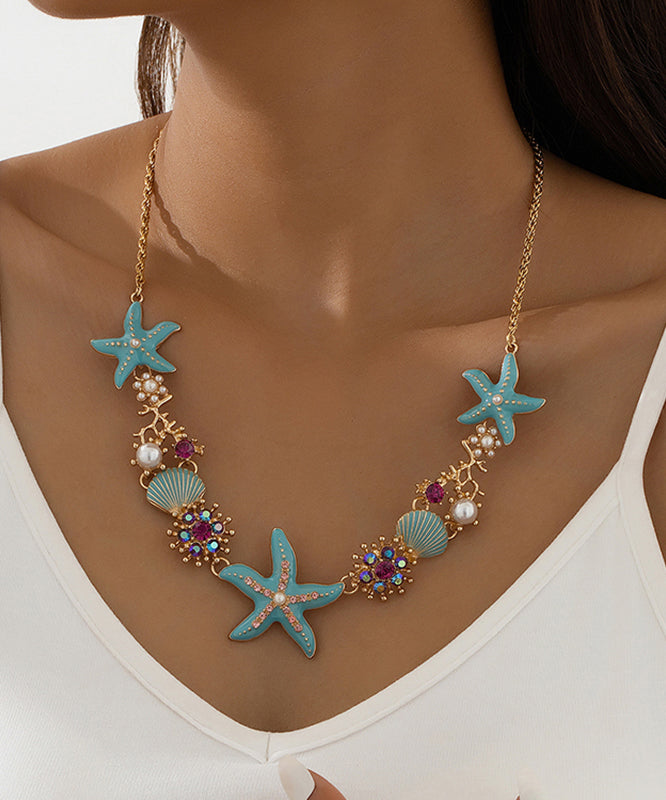 VCSHOES Blue Sterling Silver Overgild Enamel Zircon Shell Pearl Pendant Necklace