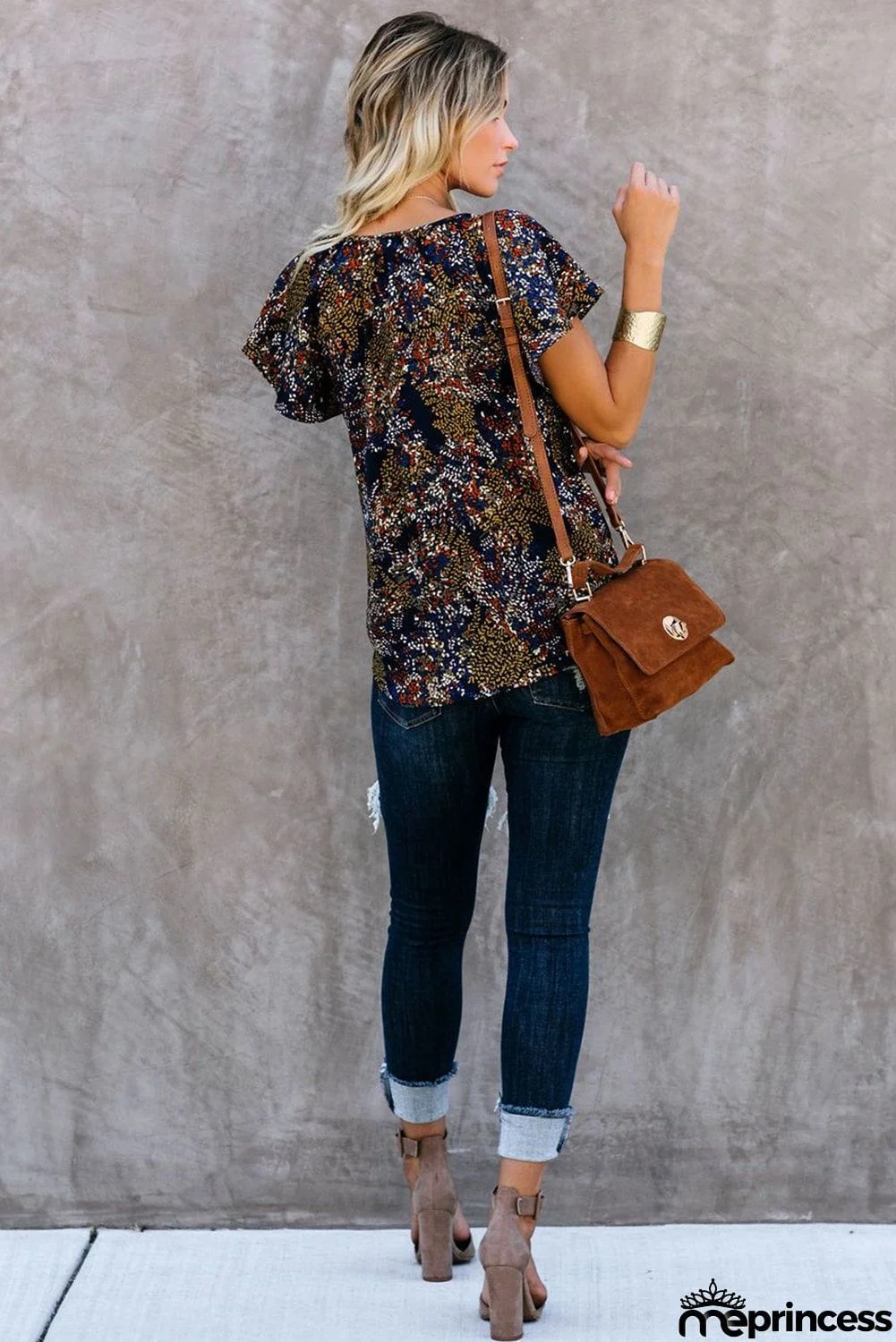 V-neck Short Sleeve Fashion Print Fantasy Fluttering Blouse